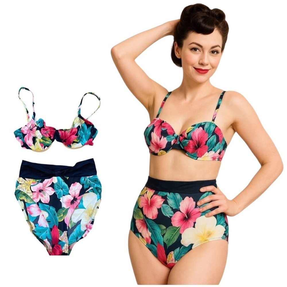 Reverse 60’s 70’s Vintage California 2-pc High Waist Floral Print, Pin-Up 14